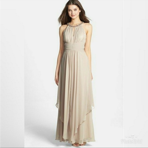 Eliza J Embellished Tiered Chiffon Halter Gown Dress in White - Picture 2 of 16